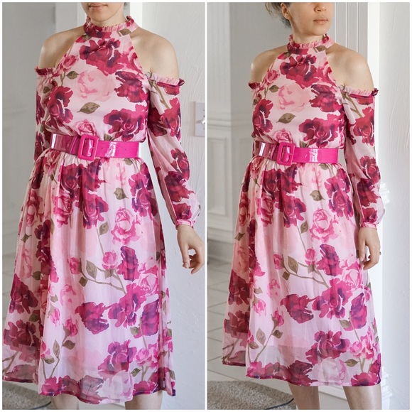 Pink Floral Off Shoulder Midi Dress - Picture 6 of 12